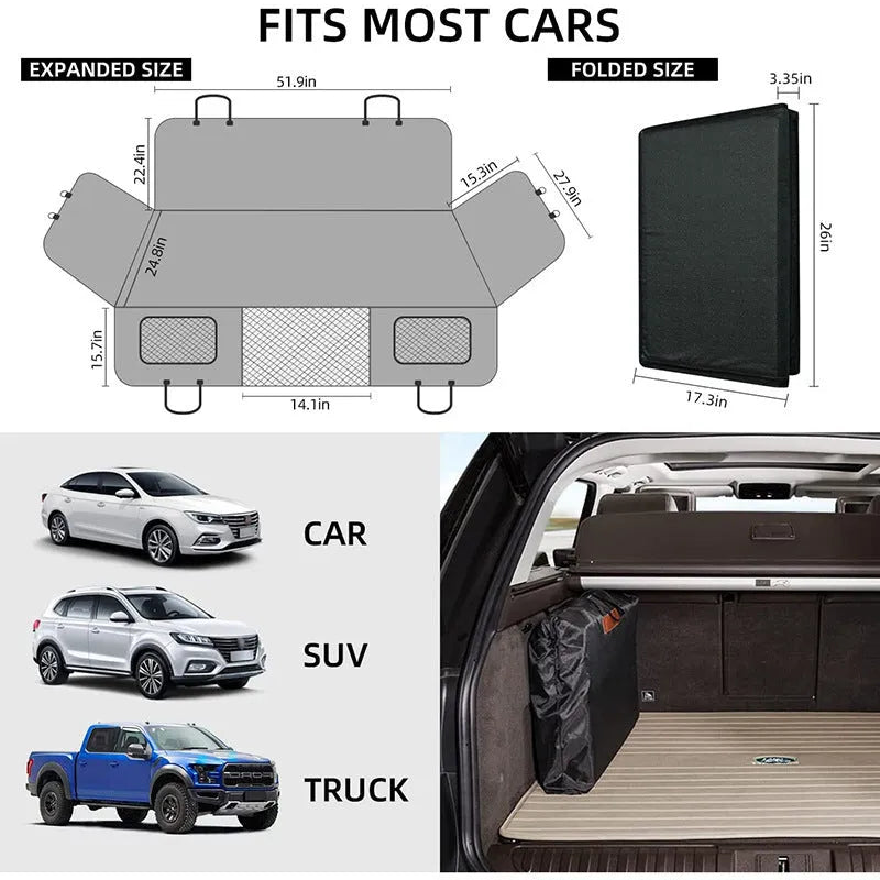 Black waterproof car dog bed cushion on rear seats protecting against pet mess