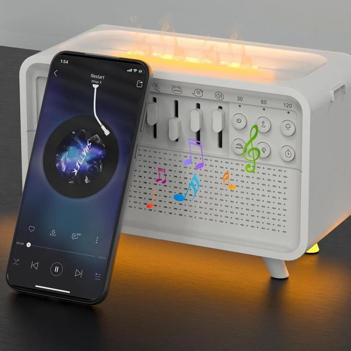 White geometric Bluetooth speaker with humidifier, night light, and white noise functions