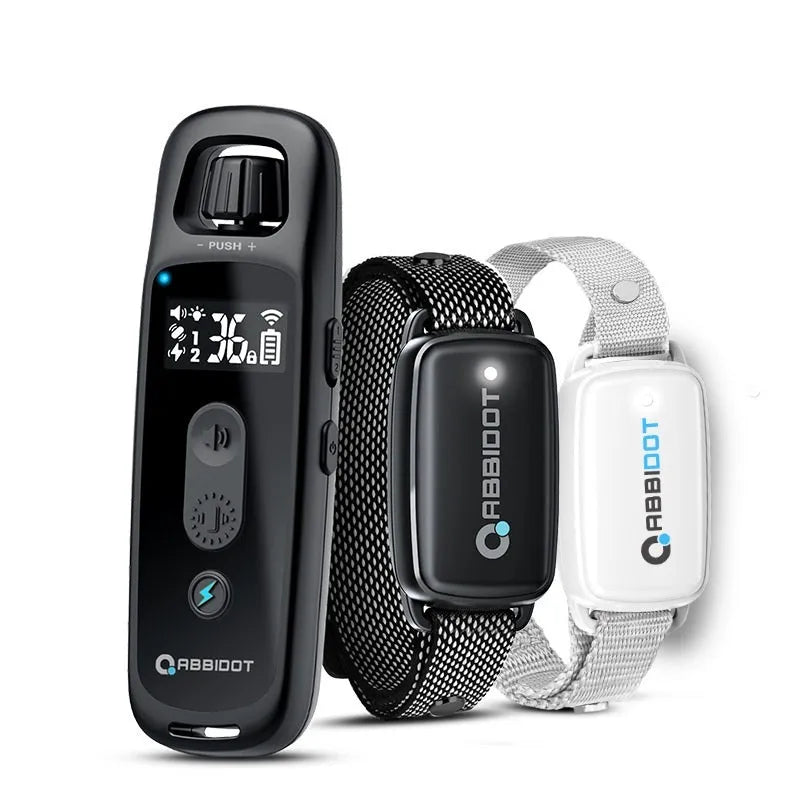 Anti-barking remote control electric shock collar with 900m range and IP67 waterproof sensor on black collar