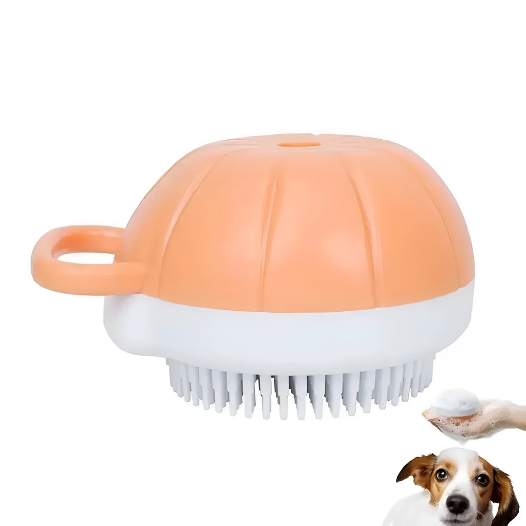 Orange TPR dog bath brush with shampoo dispenser and pumpkin-shaped grip