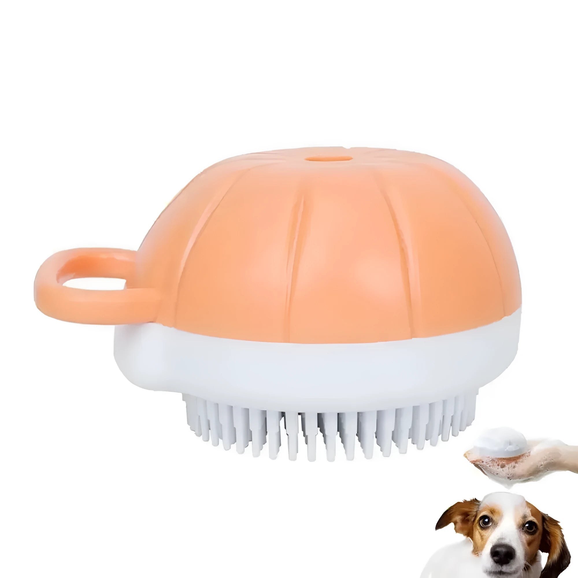 Orange TPR dog bath brush with shampoo dispenser and pumpkin-shaped grip