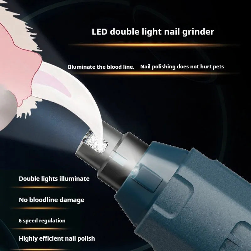 Dark blue USB-powered pet nail grinder with 6-speed rotary knob and LED light