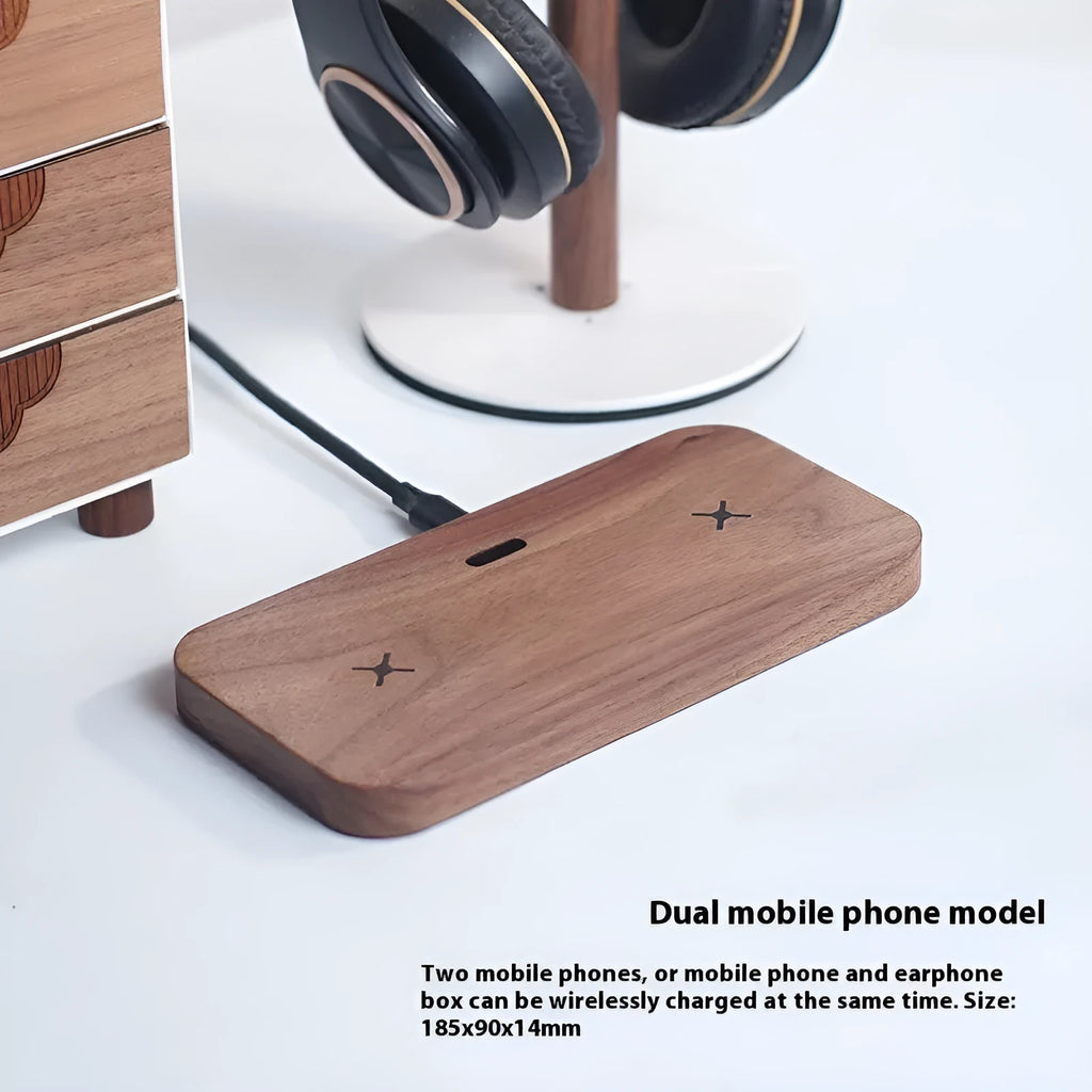 Walnut flat wireless charger dual charge pad for phone and earphone with foreign object detection