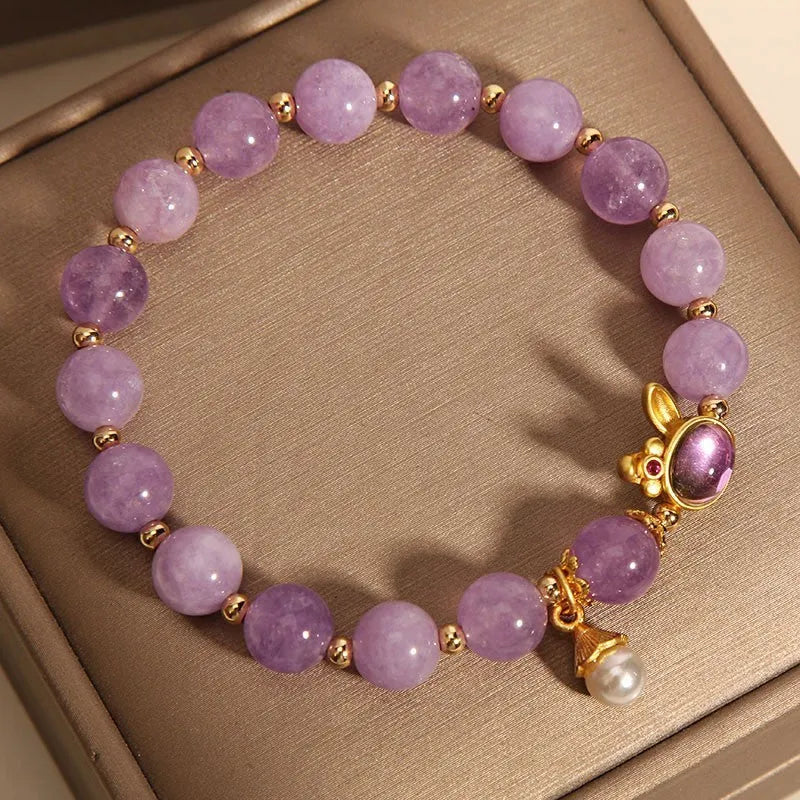 Mori style mauve jade rabbit bracelet with hare head crystal charm on adjustable band