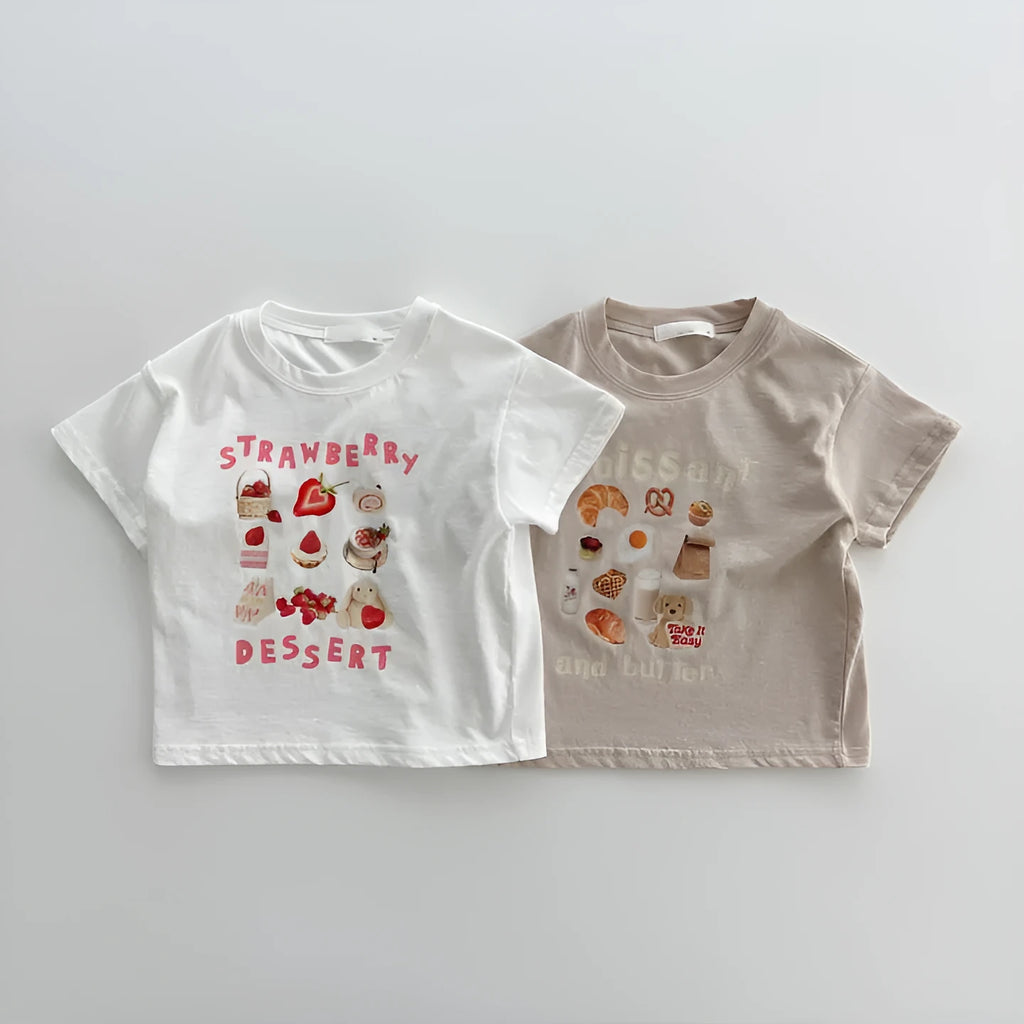 Children's cotton short sleeve top with cartoon strawberry food pattern in white or brown, sizes 80cm to 130cm