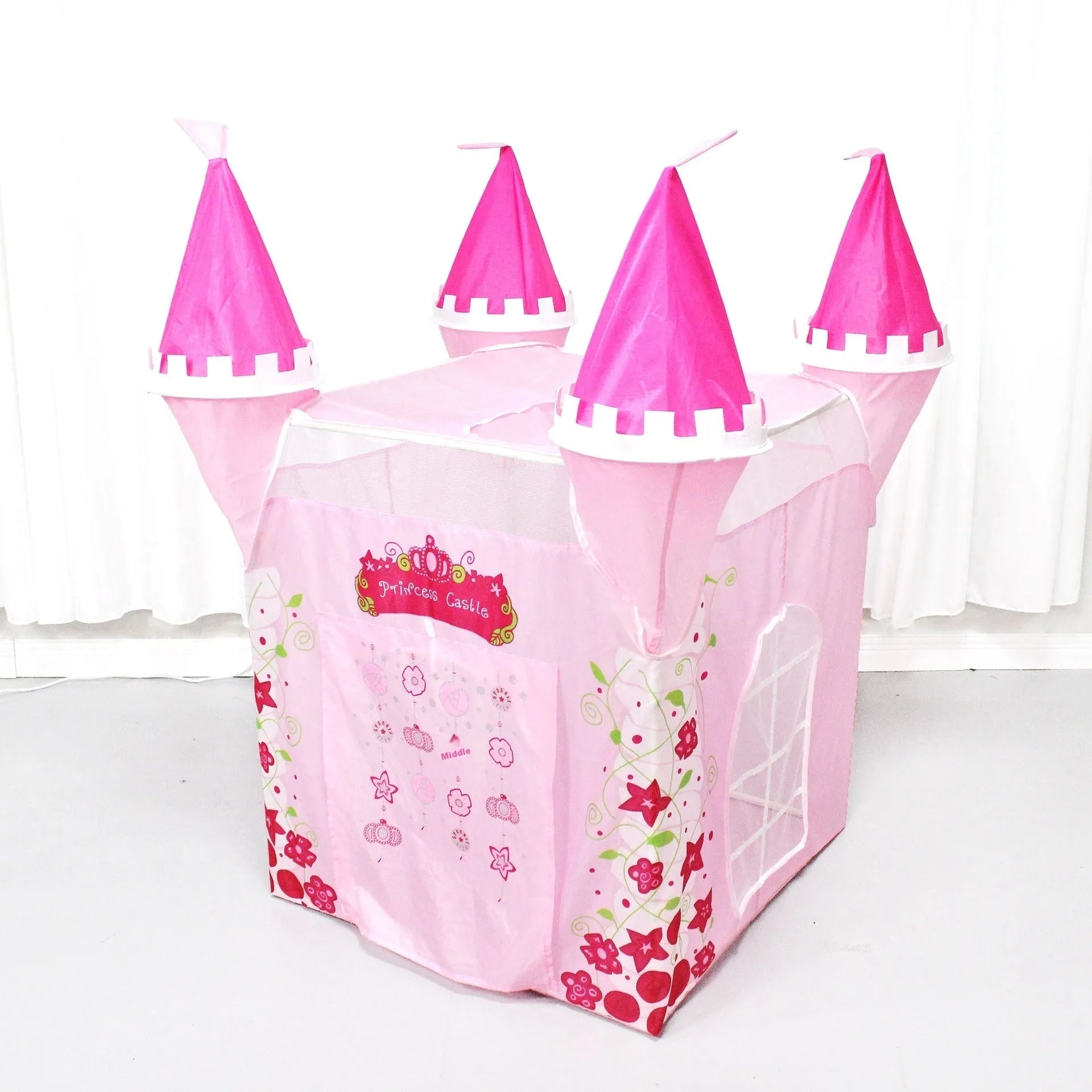 Children's princess castle tent in castle tent colour, made from polyester taffeta, folded for storage