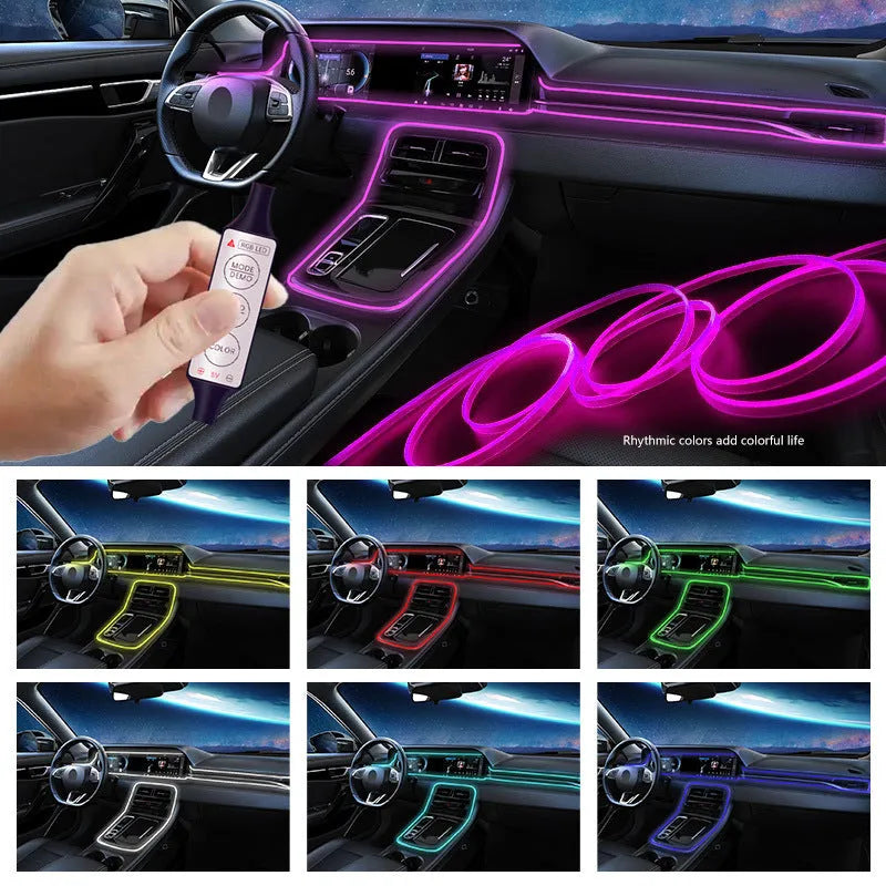 RGB car interior LED light strip with manual controller showing colour changing effects