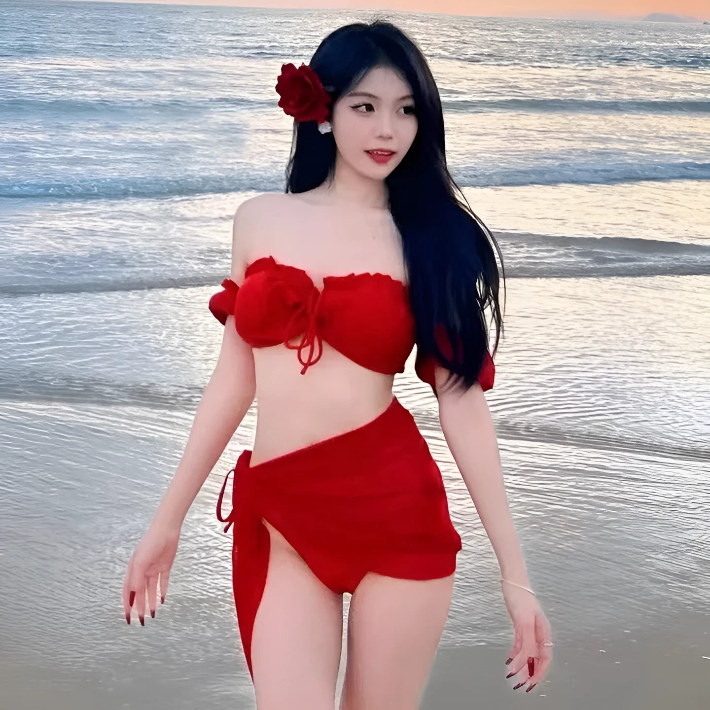 Red women's bikini swimsuit with puff sleeve top and briefs-style pants