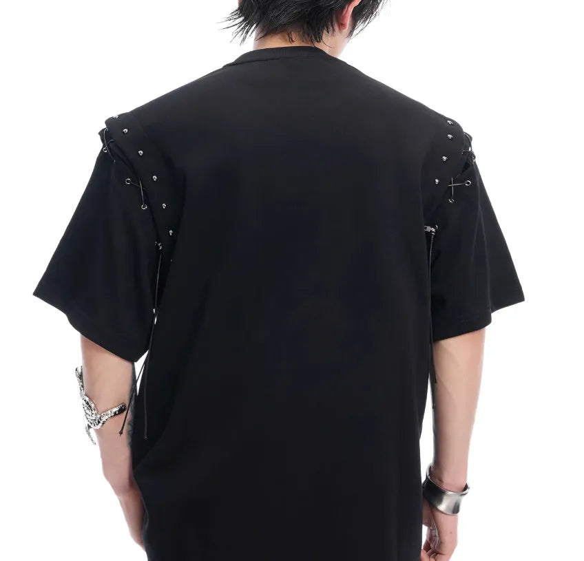 Deconstructed lace-up cutout short sleeve T-shirt in black and white colour options