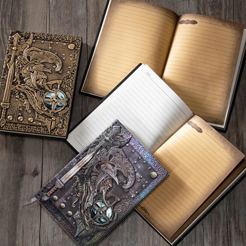 Handmade leather A5 notebook with 3D embossed warriors relief on the cover, showing bronze colour option.