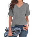 Grey loose-fit V-neck short sleeve t-shirt with a chest pocket on a solid background.