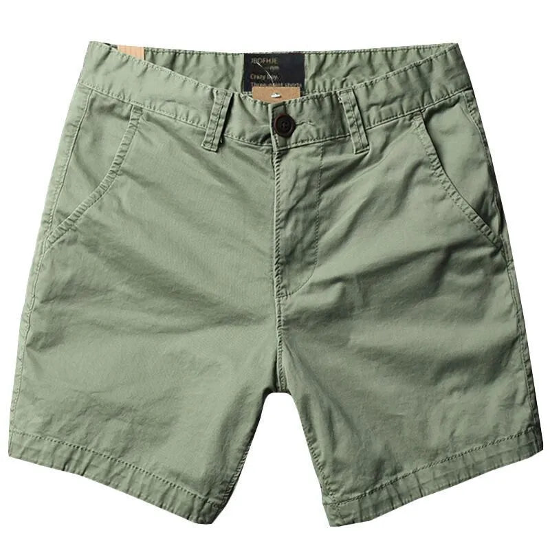 Men's cotton loose shorts in straight-leg design with zipper fly, shown in multiple colour options