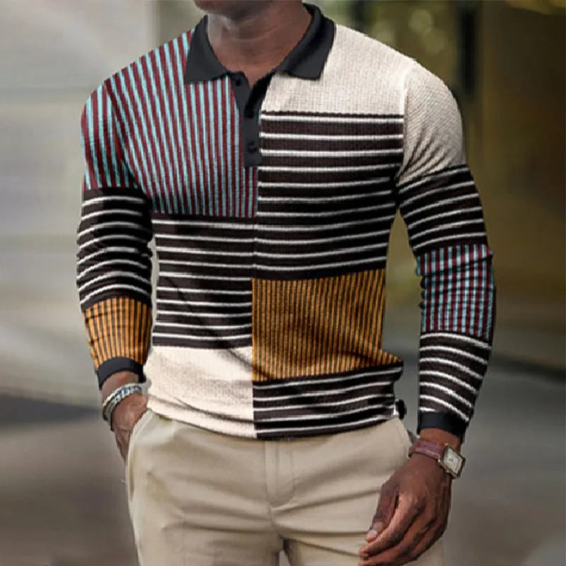 Men's grey long-sleeved top with raised 3D printed black stripes, showing textured casual design.