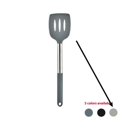 12-piece black silicone kitchen utensil set with tools stored in a rotating countertop storage bucket
