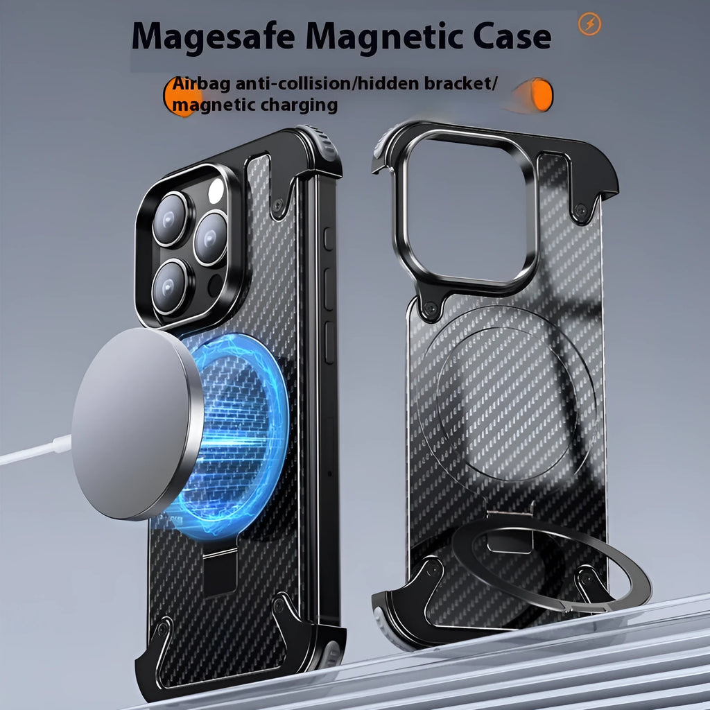 YILI shell carbon fibre magnetic bracket protective phone case for iPhone 16 Pro Max in matte black