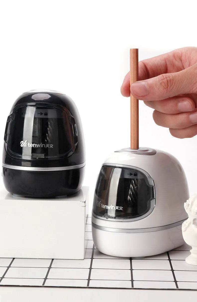 Electric pencil sharpener with three-speed dial and auto-stop, plastic body, black colour, compact size
