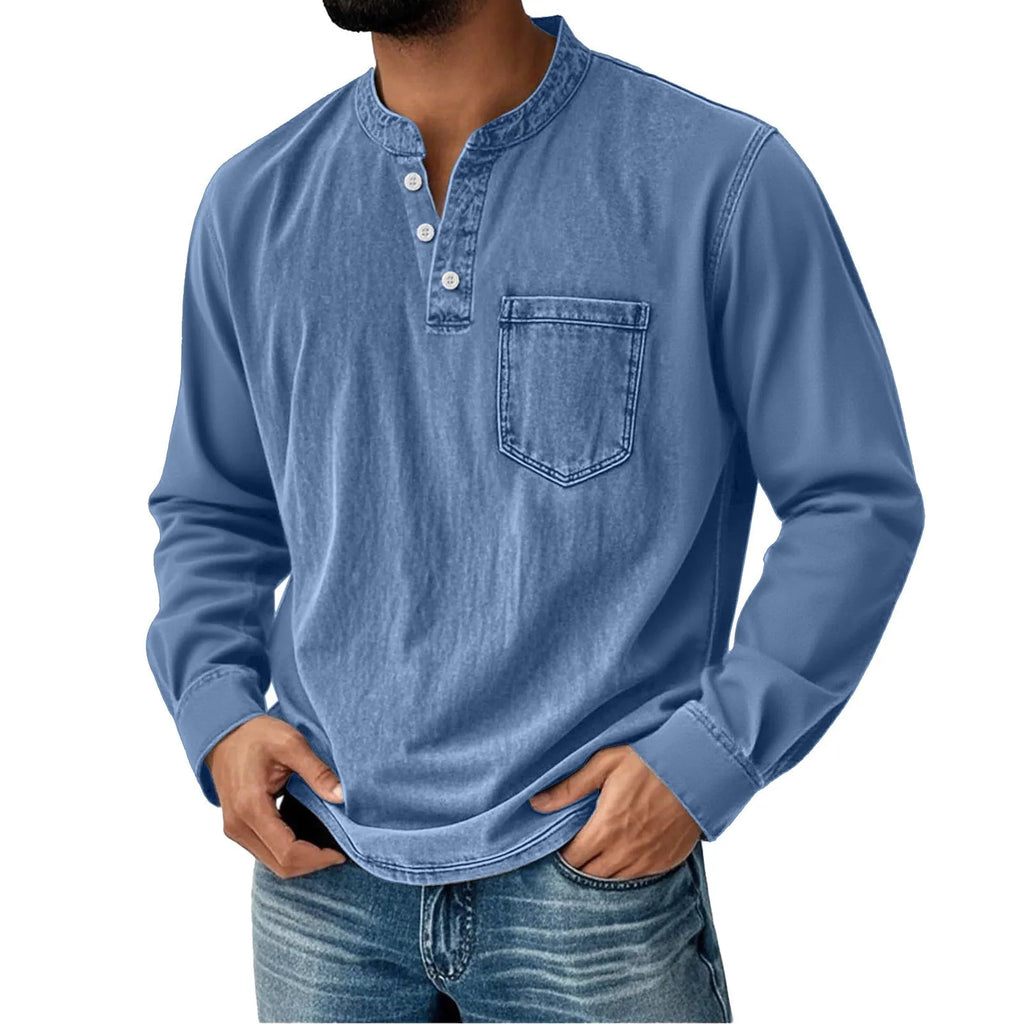 Printed three-button long-sleeve T-shirt for young men, slim fit polyester casual top, sizes XS to 5XL