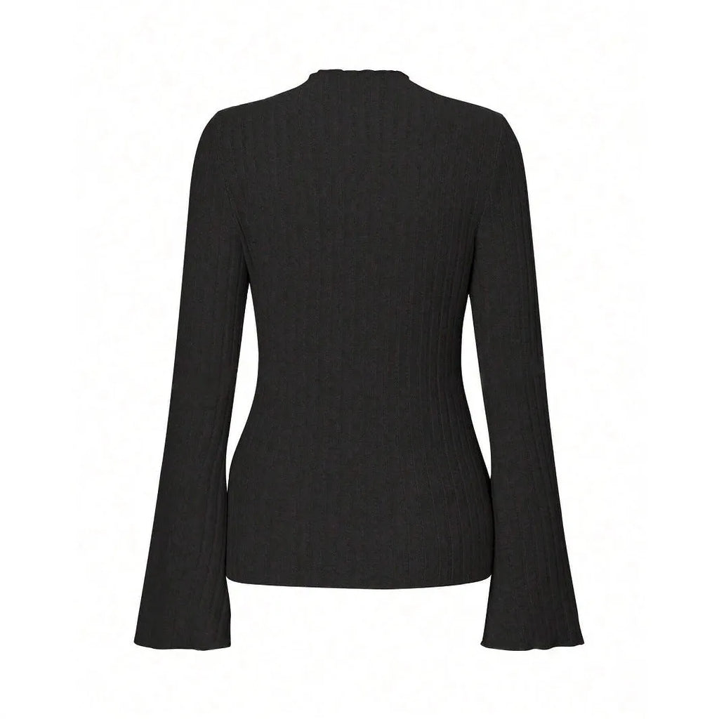Long sleeve slim fit top with lantern sleeves in black brushed polyester fabric.
