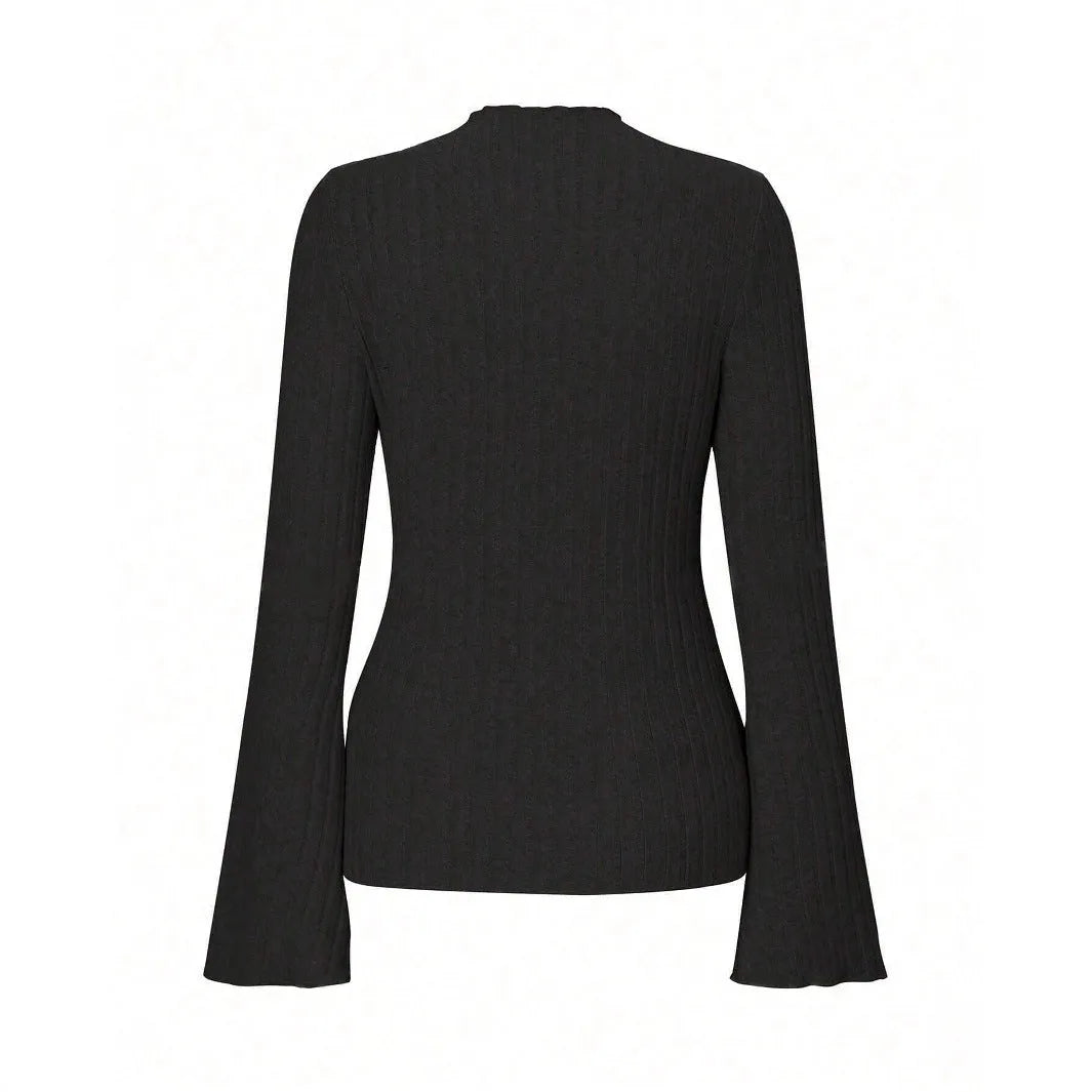 Long sleeve slim fit top with lantern sleeves in black brushed polyester fabric.
