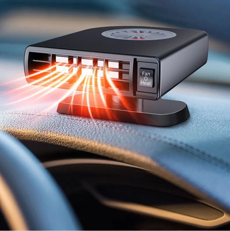 Black compact vehicle-mounted heater with adjustable vents on a car dashboard.
