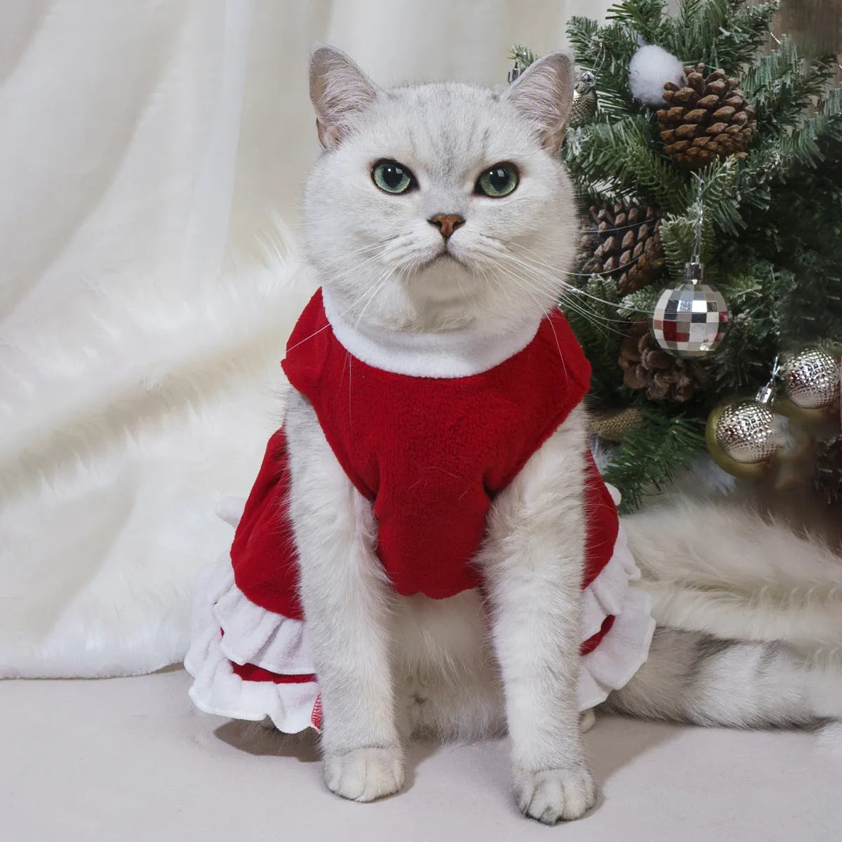 Red fleece pet Christmas dress with bow, pet size XS to XXL, European and American style