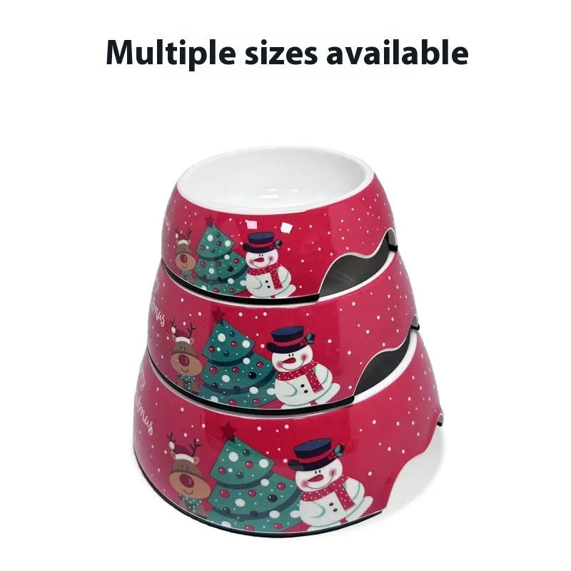 Red Christmas pet bowl with melamine construction and stainless steel double-layer base