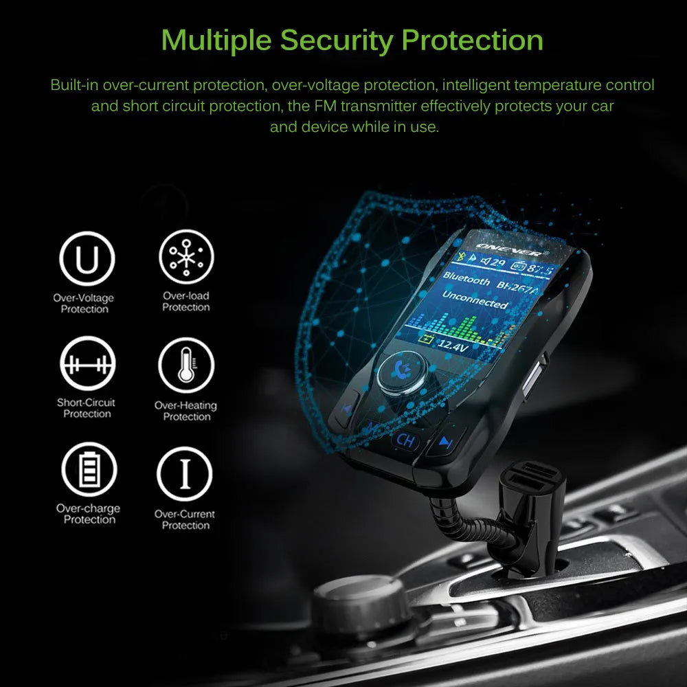 Black car FM transmitter with colour screen and dual USB ports plugged into a car dashboard