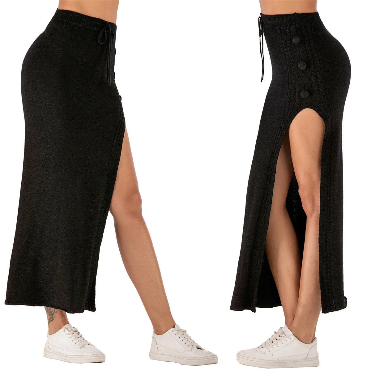 A black slim-fit midi skirt with a side-slit detail, made from acrylic fabric on a hanger.