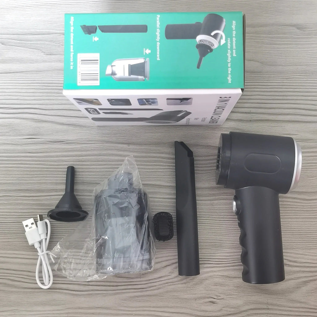 AS-228 Black handheld car cleaner with transparent dust cover and USB charging cable