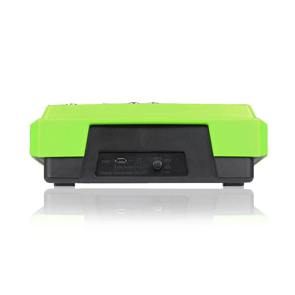 Reverb audio processor unit with USB port, power adapter, and cables, in green, red, or yellow finish.