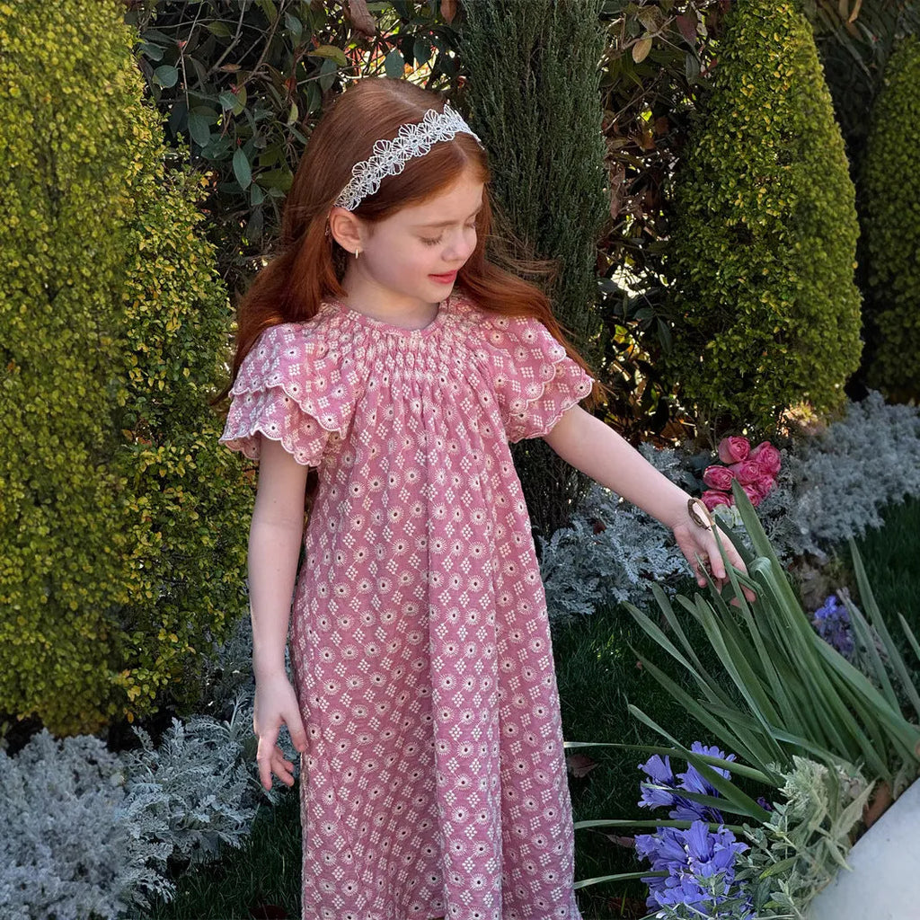 Pink girls' embroidered vintage cotton dress with floral pattern and lace flounced sleeves