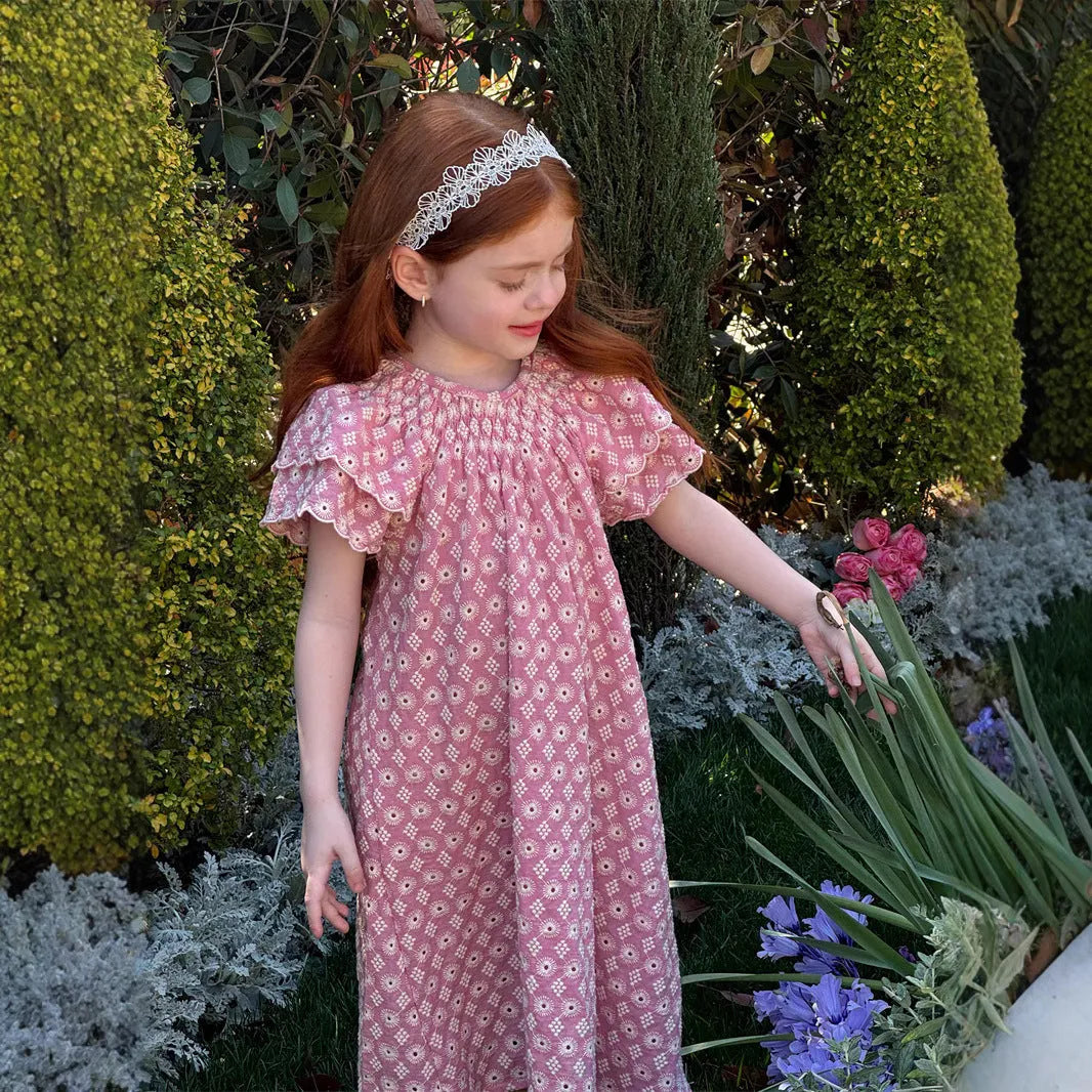Pink girls' embroidered vintage cotton dress with floral pattern and lace flounced sleeves