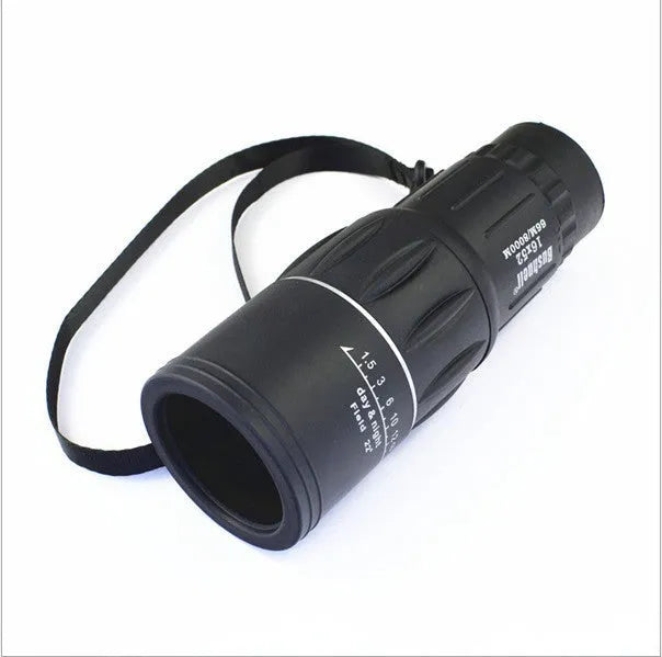 Black 16x52 monocular telescope showing compact 145mm size with 52mm objective lens and eyepiece adjustment