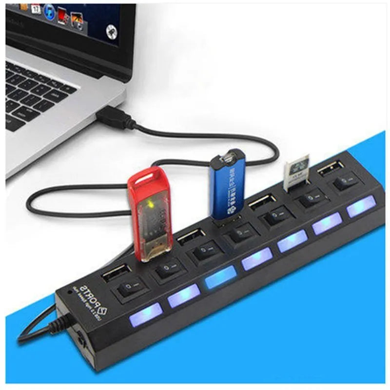 Black and white USB hub for laptops with 4 or 7 ports, no external power required
