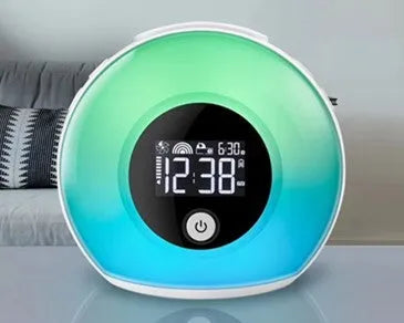 Digital music alarm clock with VA LCD display, Bluetooth 5.0 speaker, and fluorescent lighting effects in colourful mode