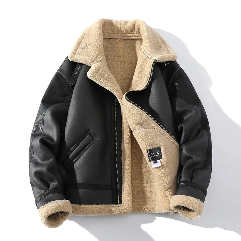 Black men's winter fleece-lined PU leather coat, short retro style, sizes M to 5XL