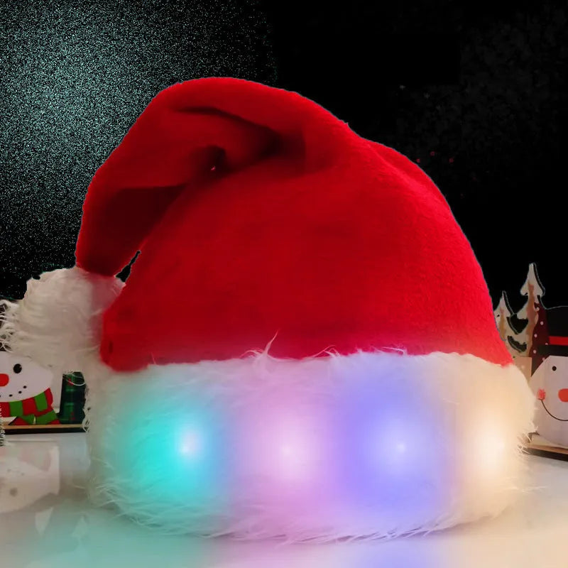 Red and white plush Santa hat with twinkling LED lights glowing in Christmas colours