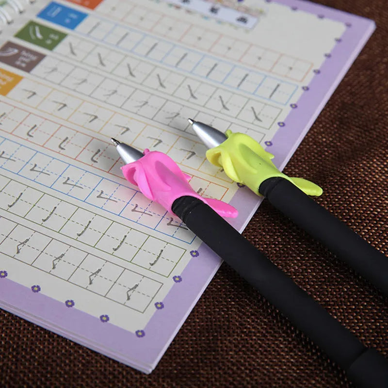 Automatic fade and disappear pen set showing pen holder, case, and eight refills on a notepad.