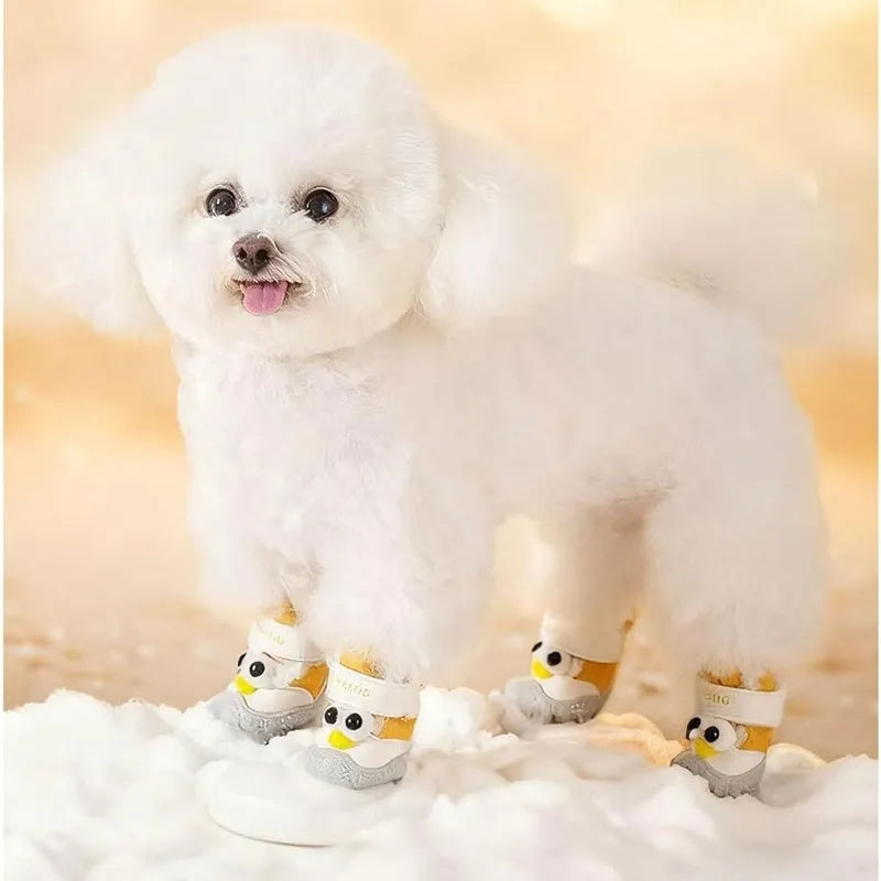Thick warm anti-slip dog shoes with plush lining and adjustable strap for winter walks