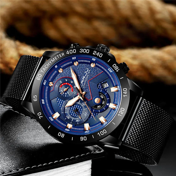 Multi-function six-needle chronograph watch with stainless steel strap and IP blue alloy case model 2280