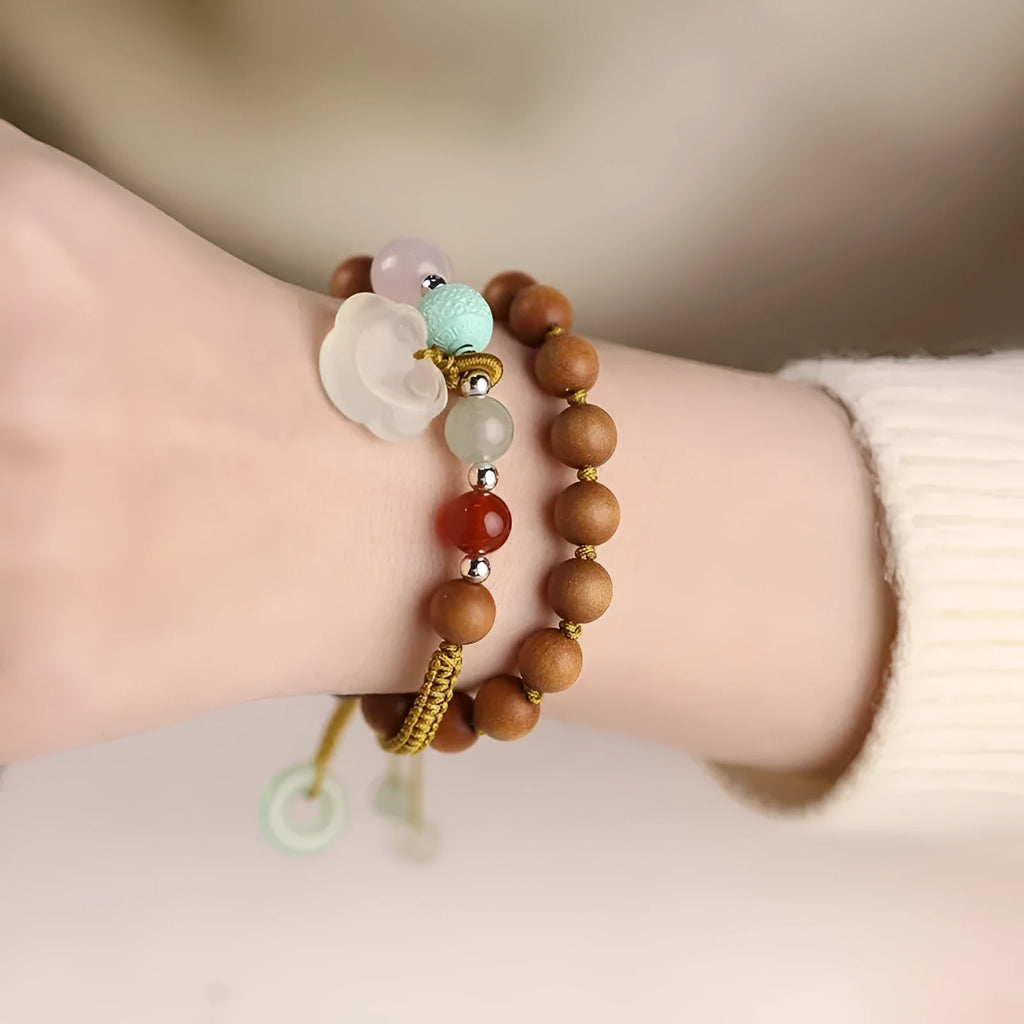 Women's double ring ebony wood bracelet with ruyi elements and sandalwood fragrance