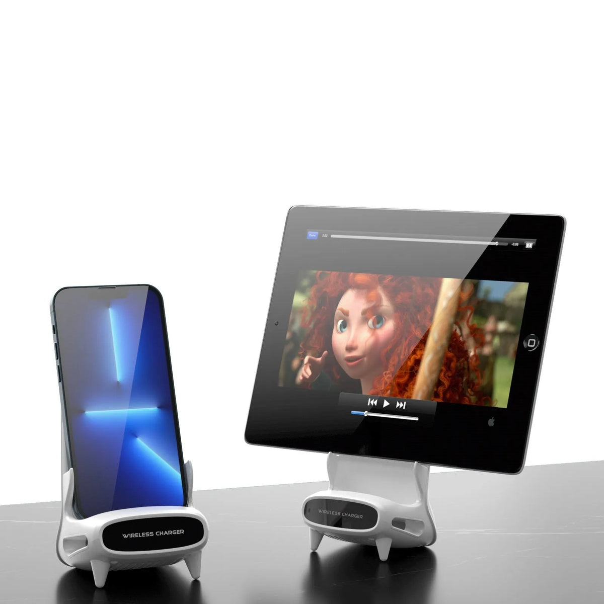 White vertical wireless charging stand for phones with Type-C input on a desk