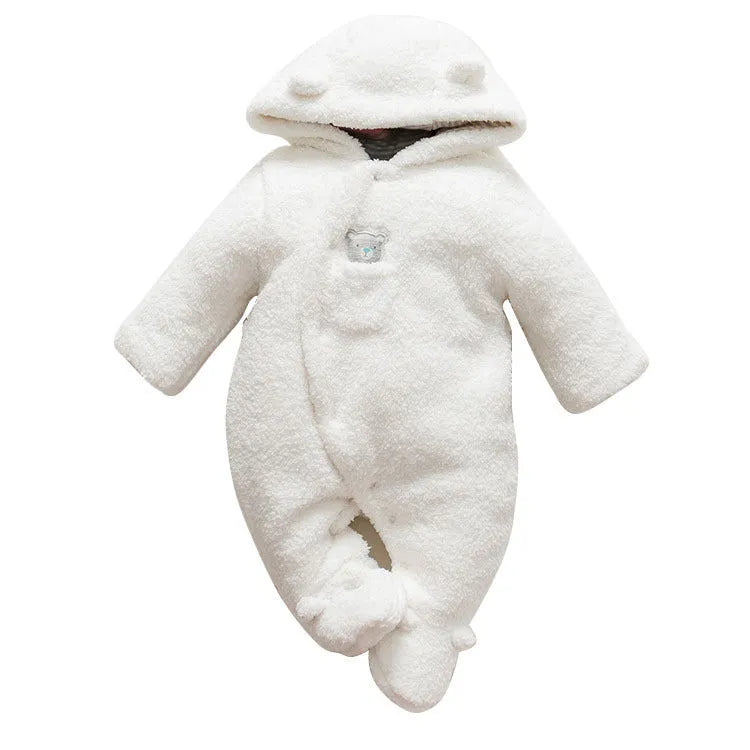 Baby wearing a cosy white cotton padded lamb-themed winter bodysuit with long sleeves.