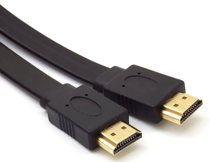 Gold-plated HDMI cable on a white background, showing connector detail.