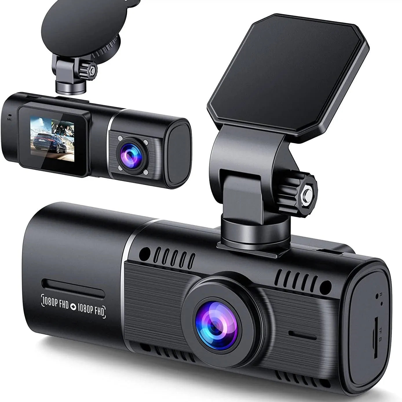 Standard black dual-channel car dash cam with 1.5-inch screen, rear camera, mount, and car charger on box.
