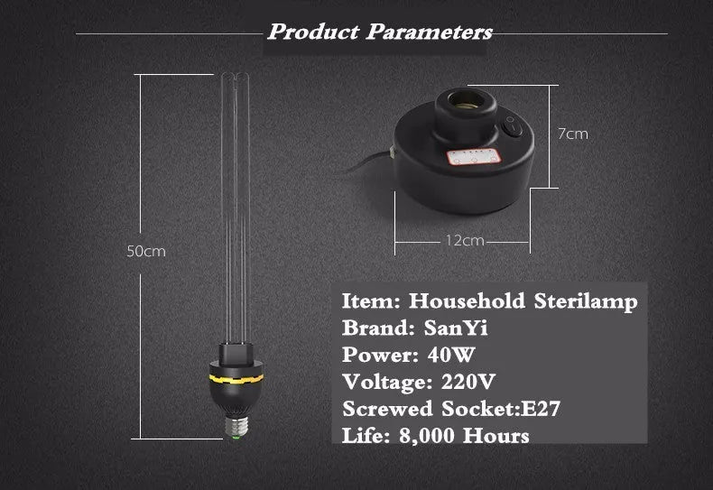 UV disinfection lamp with E27 base, 31-40W 220V, shown with ozone lamp and delay timing base option