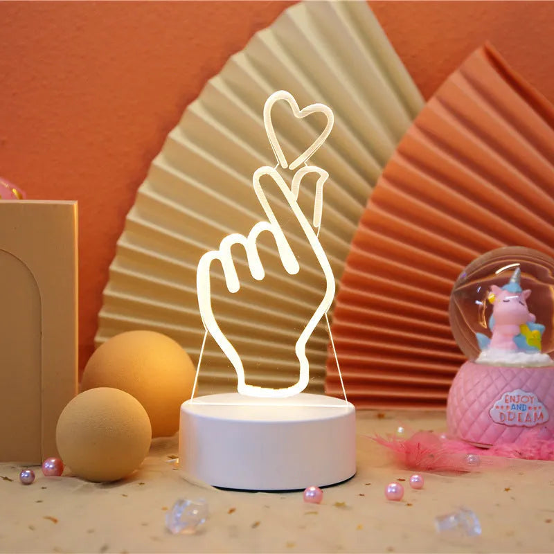 USB touch night light with acrylic board showing three colour temperatures, white, warm, and neutral light
