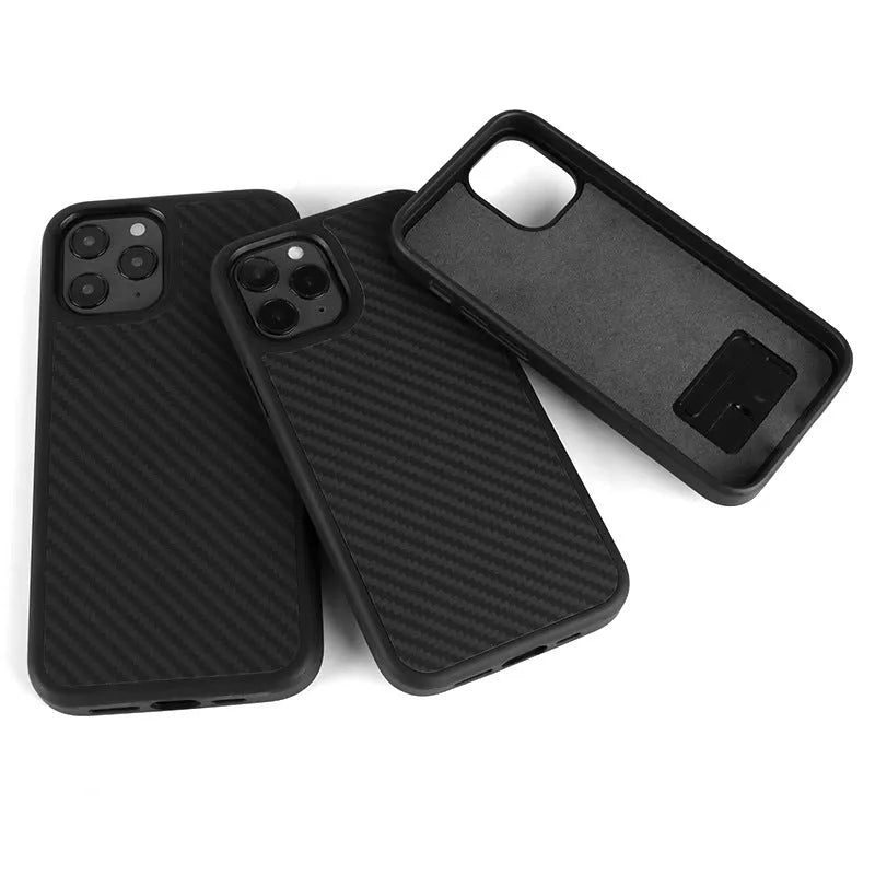 Handmade wooden phone case for Apple iPhone with TPU and Kevlar construction.