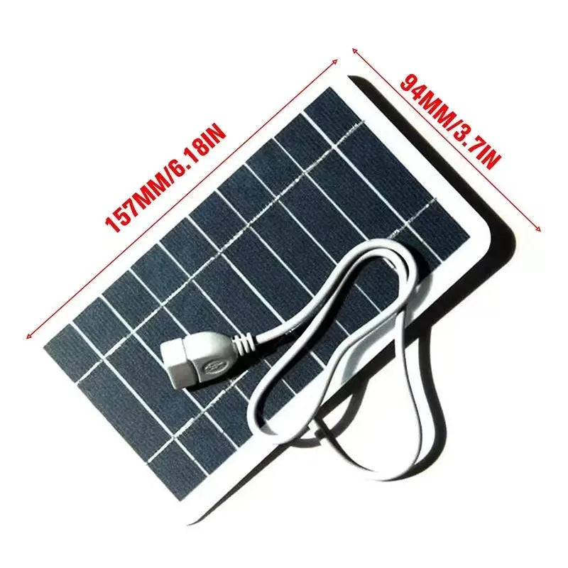 2W 5V portable solar panel charger with USB cable showing 157mm by 94mm dimensions