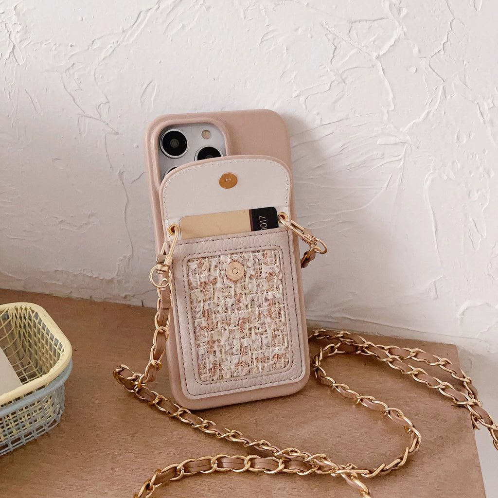 PU leather crossbody chain card holder back phone case in black with frosted finish